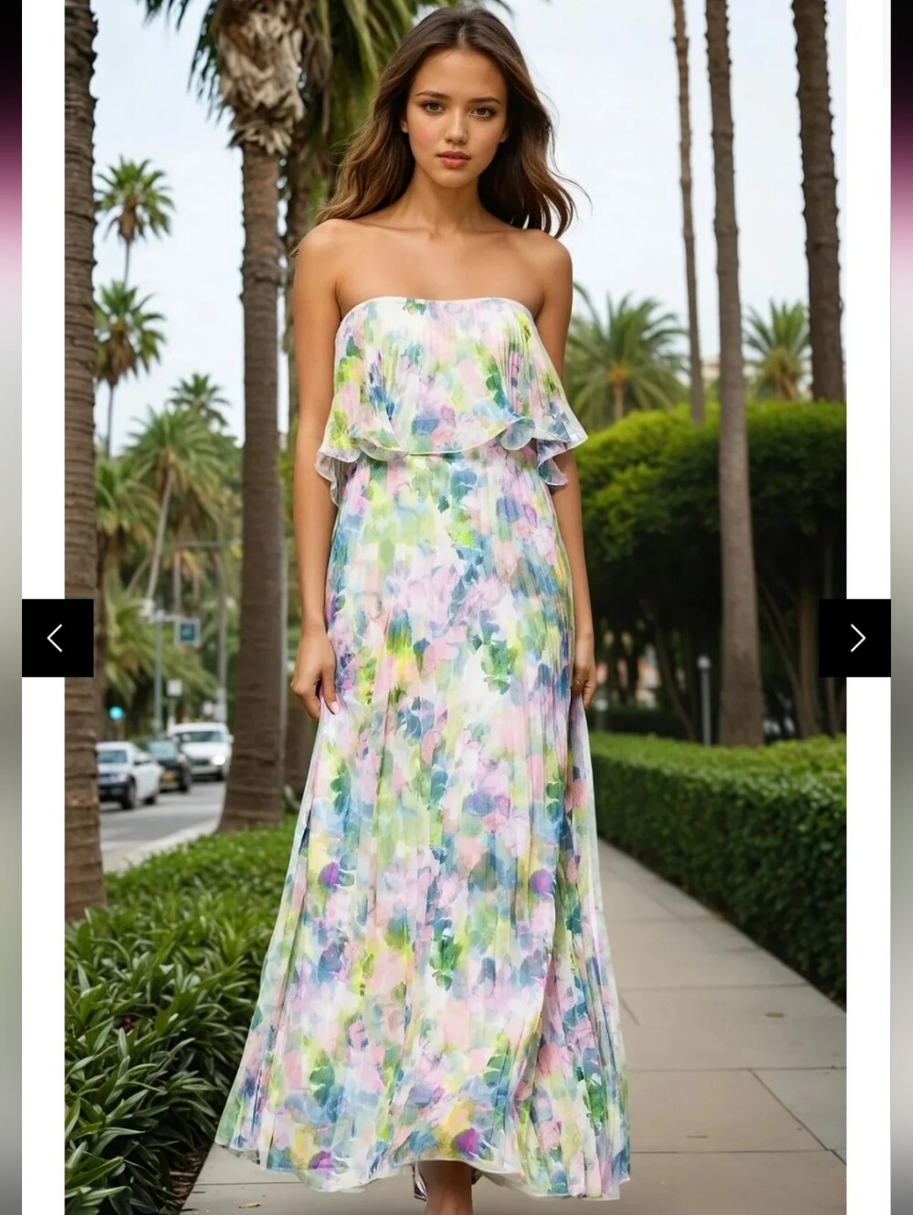 Retail $289 Betsy & Adam Strapless Floral Pleated Maxi Dress